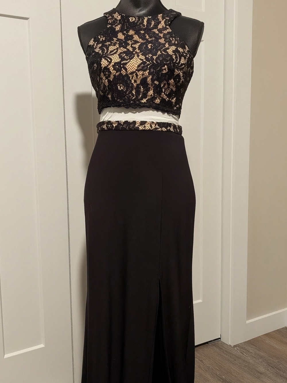 2 Piece Formal Black Lace Cropped Halter Top with High-Slit Maxi Skirt by Xscape - Picture 2 of 3